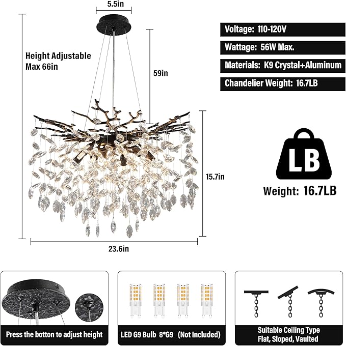 YUYI 23.6" Black Chandelier, 8-Light Modern Crystal Tree Branch Chandelier for Dining Room, Contemporary Luxury Round Raindrop Pendant Light Fixture for Living Room, Foyer, Entryway, Kitchen, Bedroom