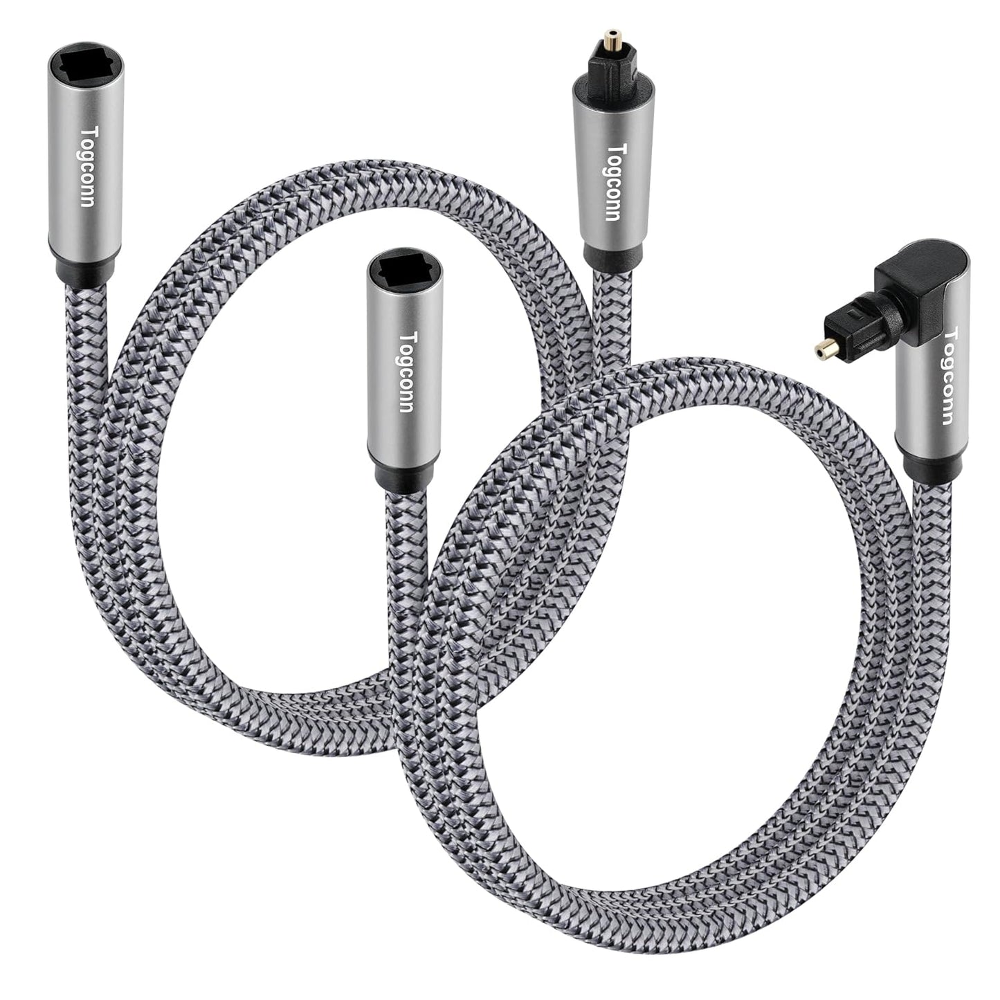 Optical Extension Fiber Digital Cable Adapter 2 Feet（2 Pack）, 90 Degree Right Angle & Straight Male to Female Coupler, Toslink Audio Cable, Nylon Braided for Home Theater, Soundbar, TV and More