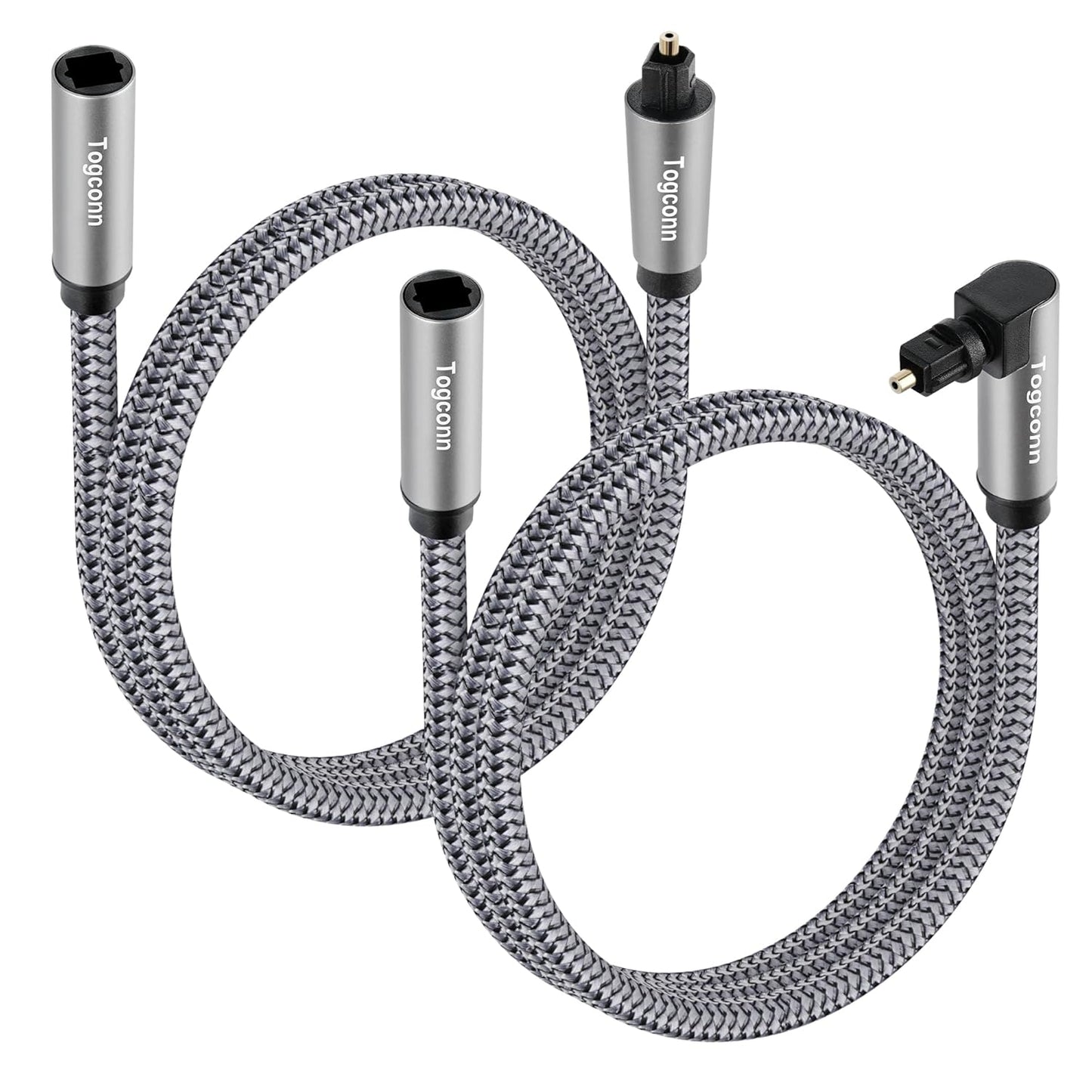 Optical Extension Fiber Digital Cable Adapter 4 Feet（2 Pack）, 90 Degree Right Angle & Straight Male to Female Coupler, Toslink Audio Cable, Nylon Braided for Home Theater, Soundbar, TV and More