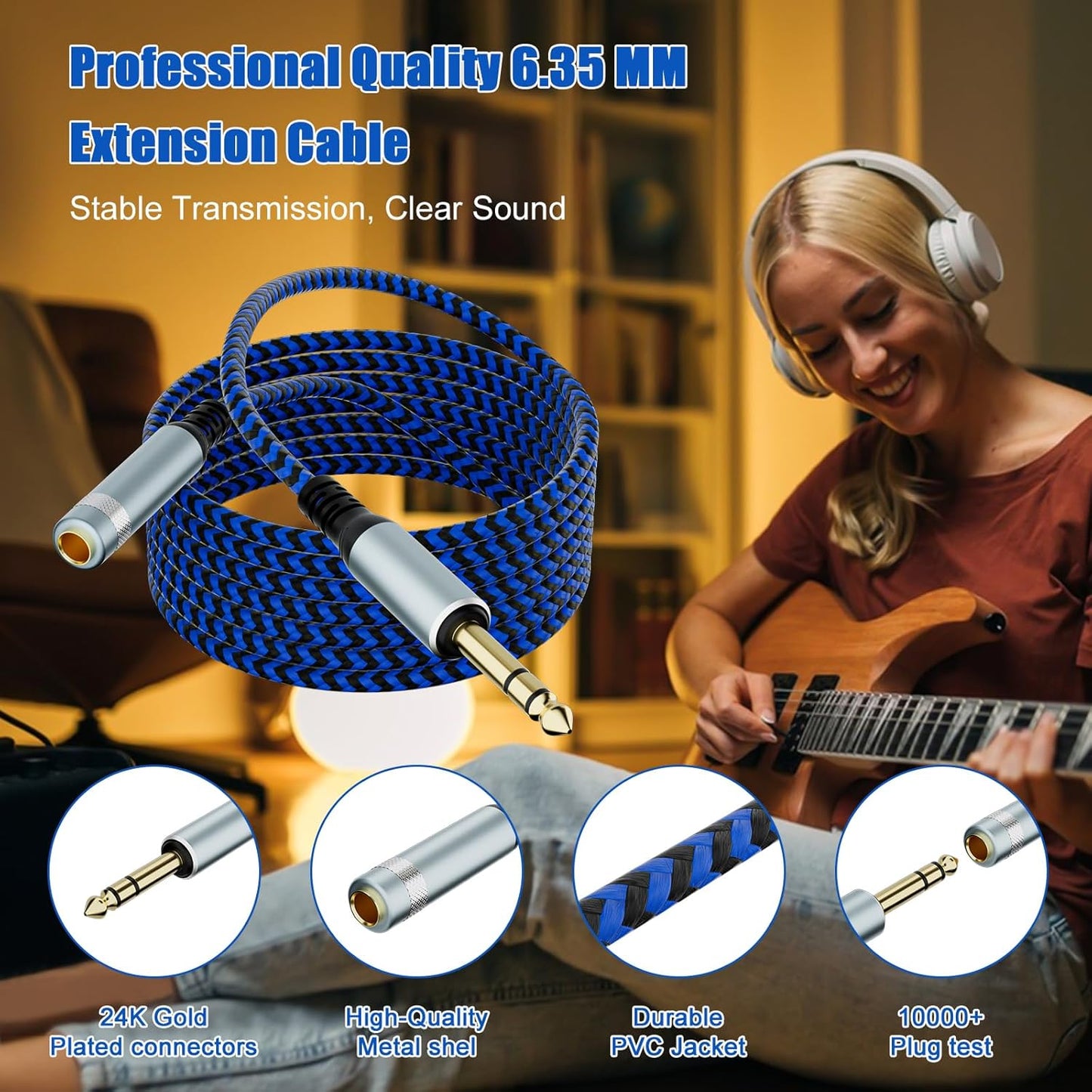LDKCOK 1/4 inch TRS Extension Cable 10ft, 1/4" Male to Female Stereo Headphone Guitar Cable
