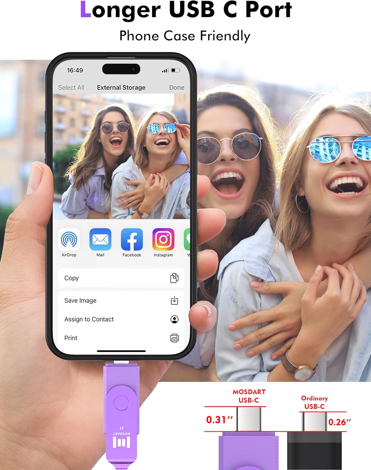 MOSDART 1TB USB3.1 Fast Speed C and A Dual Flash Drive, exFAT Memory Stick with Keychain and LED Indicator, for iPhone 15 and 16, Android Phone, iPad, MacBook, and Other Laptops, Purple