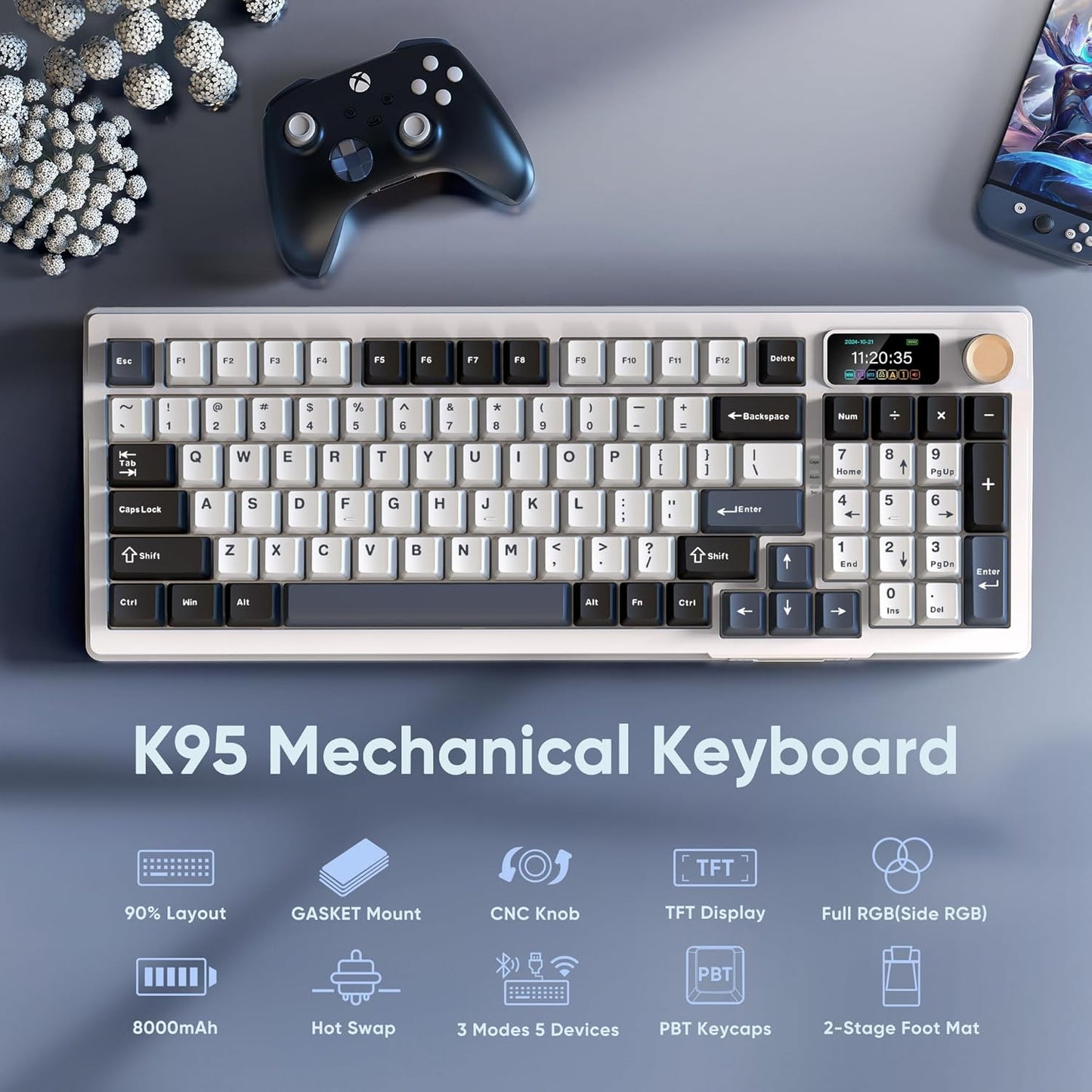 RedThunder K95 Wireless Mechanical Keyboard, TFT Screen & Knob, Tri-Mode BT5.0/2.4GHz/USB-C Hot Swappable Custom, Pre-lubed Linear Switches, Gasket Structure, RGB Gaming Keyboard, Snowy White-Blue