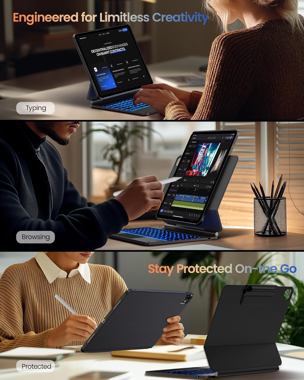 typecase Edge+ Keyboard Case for 2024 iPad Pro 13-inch (M4),Black Keyboard with Litchi Grain Protective Case,Portrait & Typing Modes,Built-in Trackpad,11-Color Backlight,Magnetic Stand,Pencil Holder