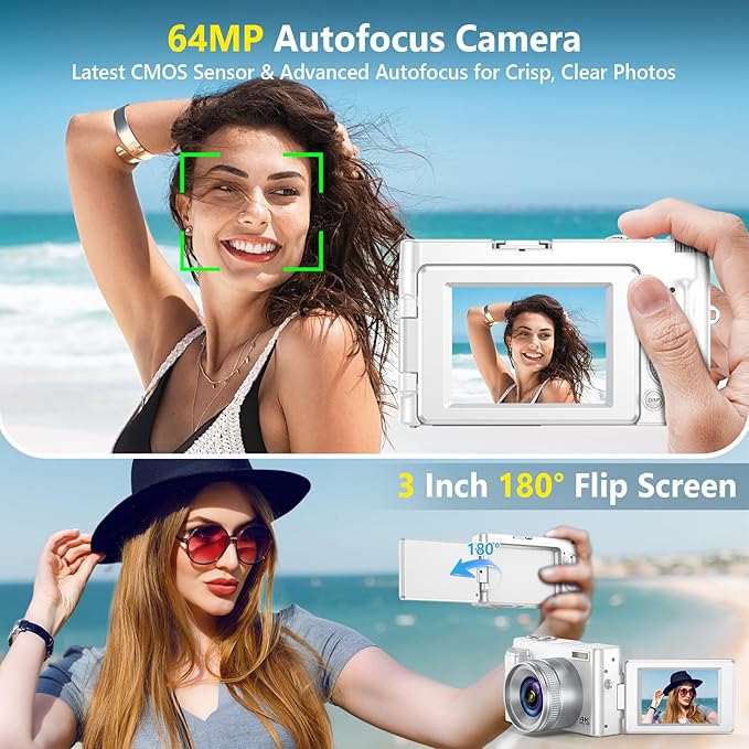 4K Digital Camera for Photography Autofocus, 64MP WiFi Vlogging Camera for YouTube with 2 Batteries, SD Card, 3" 180°Flip Screen Selfie Compact Travel Camera for Teens with 16X Zoom, Anti-Shake, White