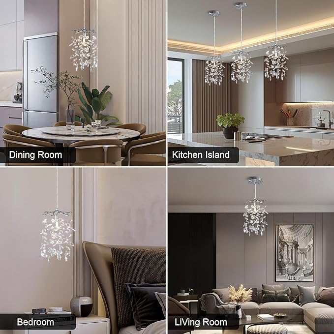 YUYI Modern Crystal Chandelier, 8.3" Silver Tree Branch Chandelier for Dining Room, Luxury Raindrop Pendant Light Fixture for Living Room, Kitchen Island, Bedroom, Foyer, 1 Light