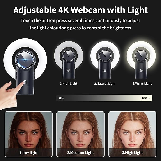 4K Webcam with Light, Web Cam with Speaker, Dual Noise Reduction Plug and Play, Web Camera for Desktop Computer, Auto-Focus, Privacy Protection, Webcam for PC Zoom Skype