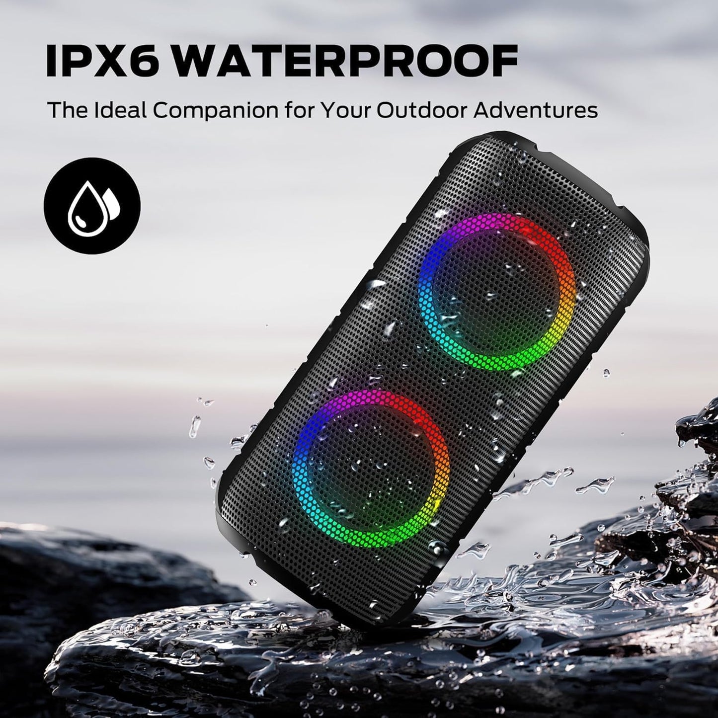 BUGANI Luster Bluetooth Speakers, Portable Wireless Stereo Speaker with Colorful Lights, Loud Sound, Bluetooth 5.3, 24H Playtime, IPX6 Waterproof, AUX-in, for Home/Outdoor/Camping/Beach