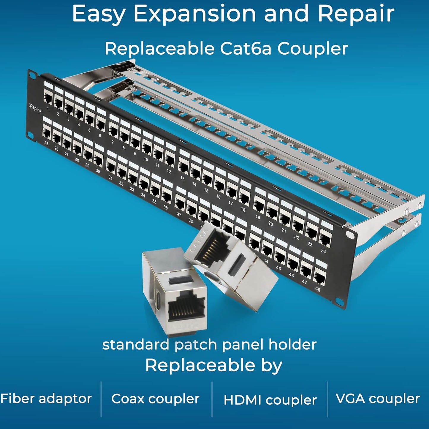 Rapink 48 Port Cat6A Patch Panel with Inline Keystone 10G Support, Shielded STP, 1U Network Patch Panel for Cat7, Cat6, Cat6A, Cat5e