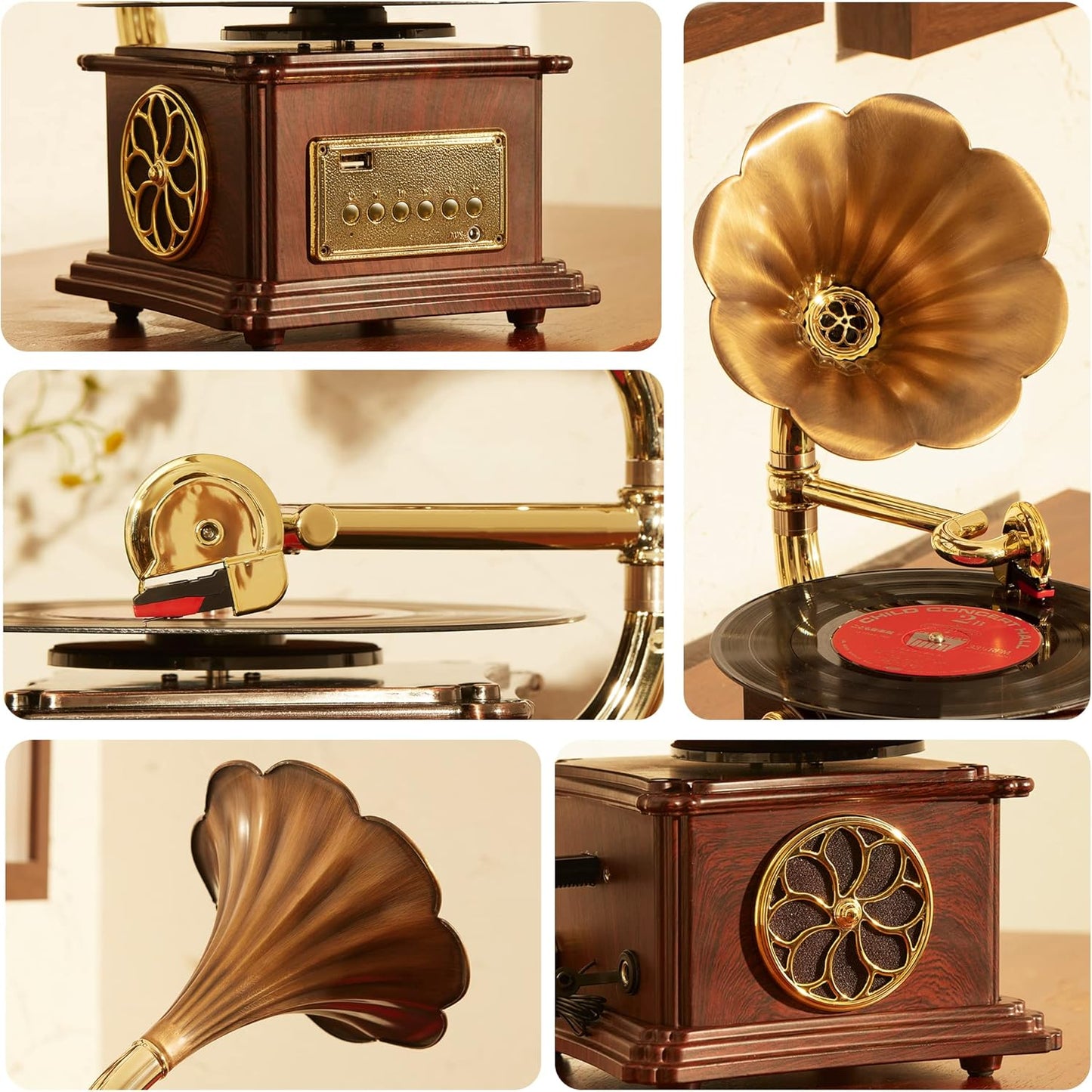 Vintage Style Wooden Record Player with Bluetooth, USB, AUX, FM Radio and Built-in Speakers (109HJ-1)