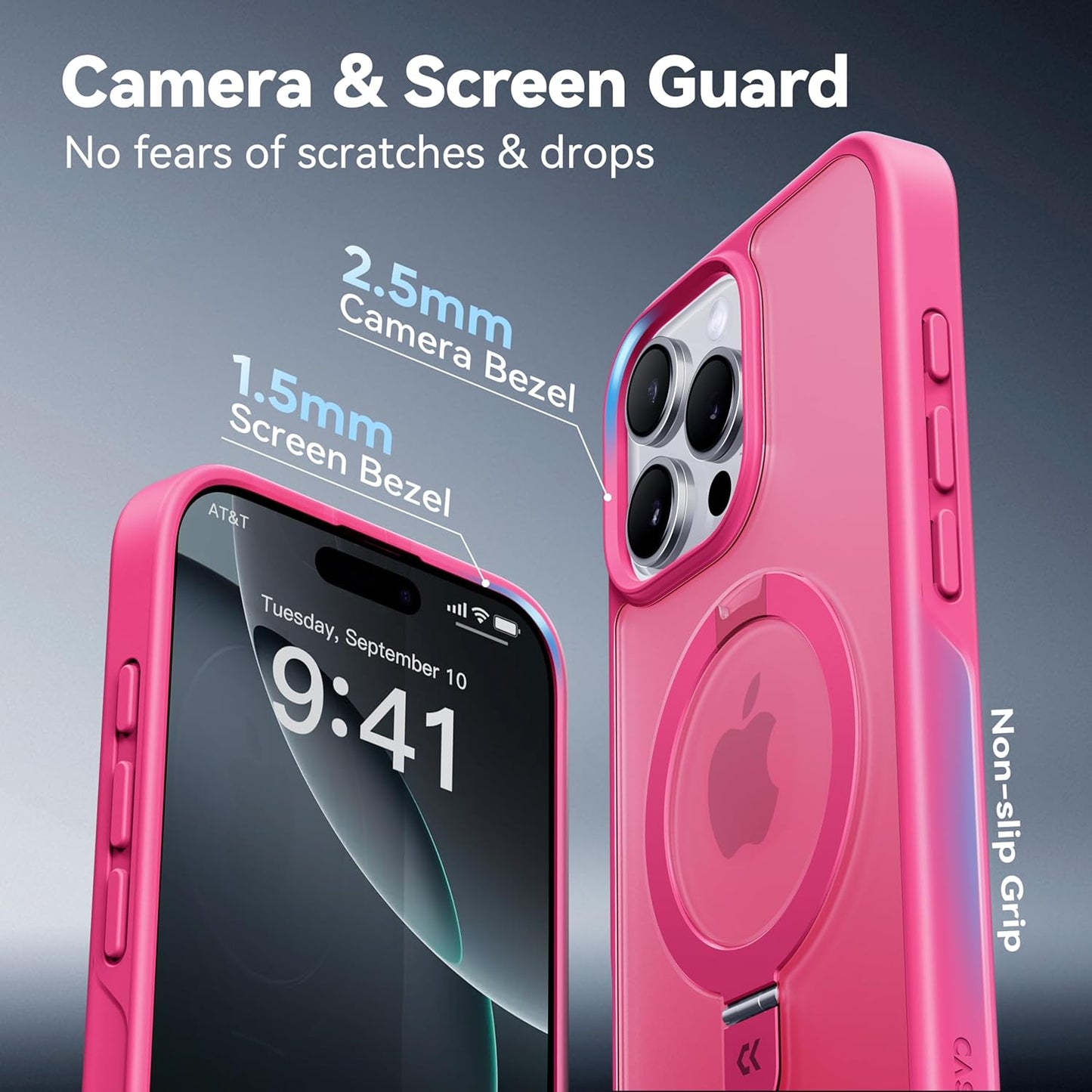 CASEKOO Designed for iPhone 14 Pro Case with Magnetic Invisible Stand [Military Drop Protection] [Compatible with MagSafe] Shockproof Slim Matte Translucent Pro Case 6.1 Inch, Hot Pink