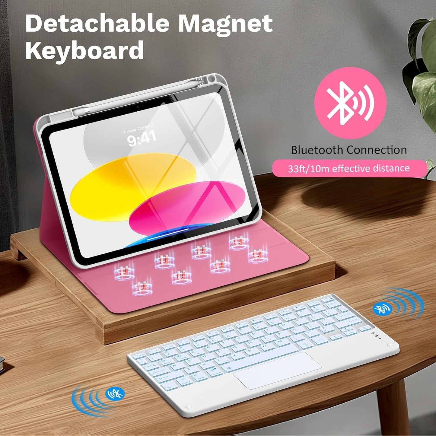 MoKo Touch Keyboard Case for iPad (A16) 11th Generation 11 inch 2025, iPad 10th Generation 10.9 inch Case with Pencil Holder, 7 Colors Backlit Multi-TrackPad Detachable Bluetooth Keyboard,Persian Pink