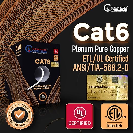 NewYork Cables | CAT6 Plenum Cable 1000ft UL/ETL Listed, 100% Pure Copper, UTP, 550MHz, 23AWG, 4Pair 10GB Ethernet Cable | Certified CMP-Rated Fire-Resistant (1000ft, Pure Copper UL Listed, White)
