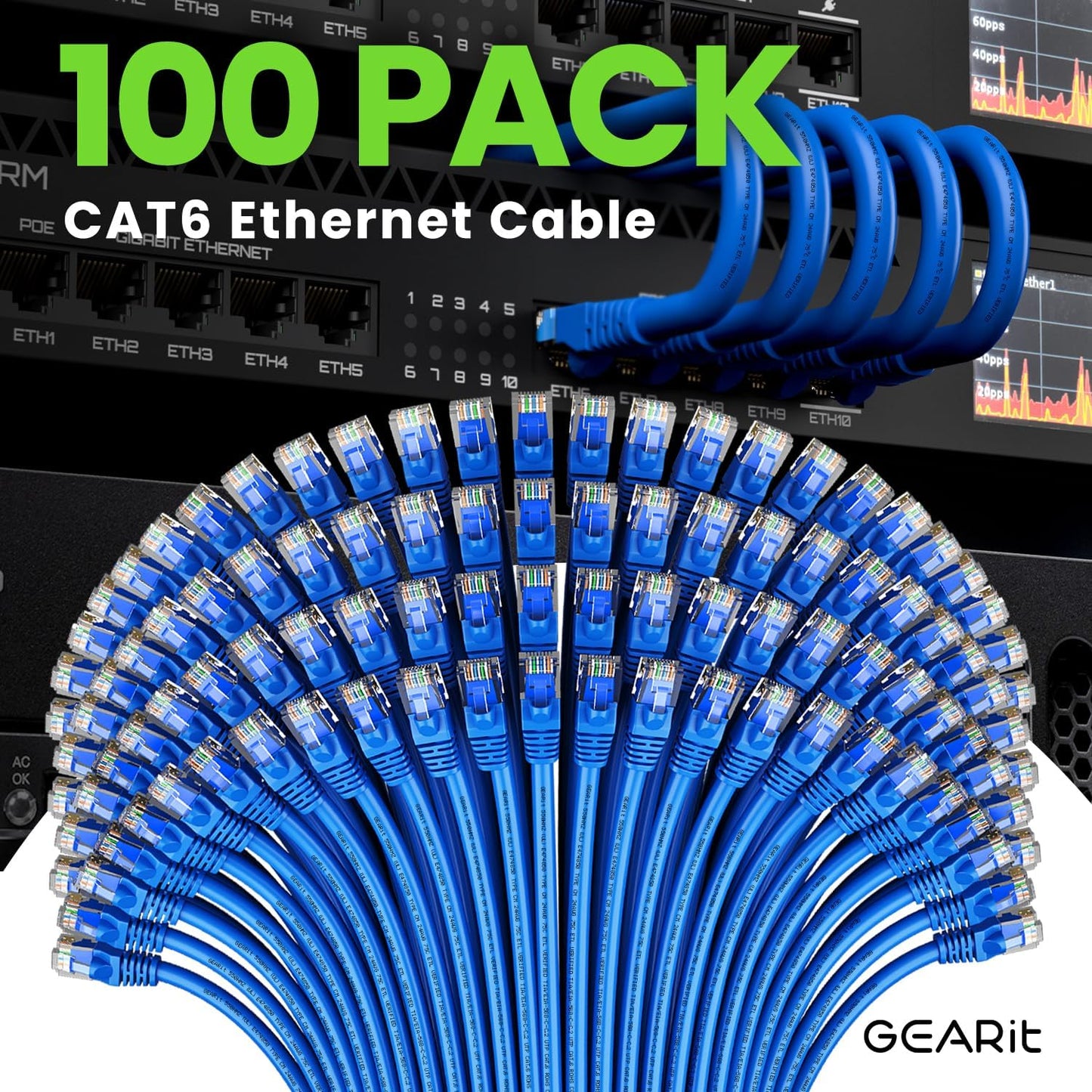 GEARit Cat 6 Ethernet Cable (100-Pack 1.5 Feet) Cat6 Network Patch, 10Gbps, RJ45, Snagless Cord, Gold-Plated Connectors, Internet for PC, TV, Tablet, Router, Printer, Servers, IT Data Center - Blue