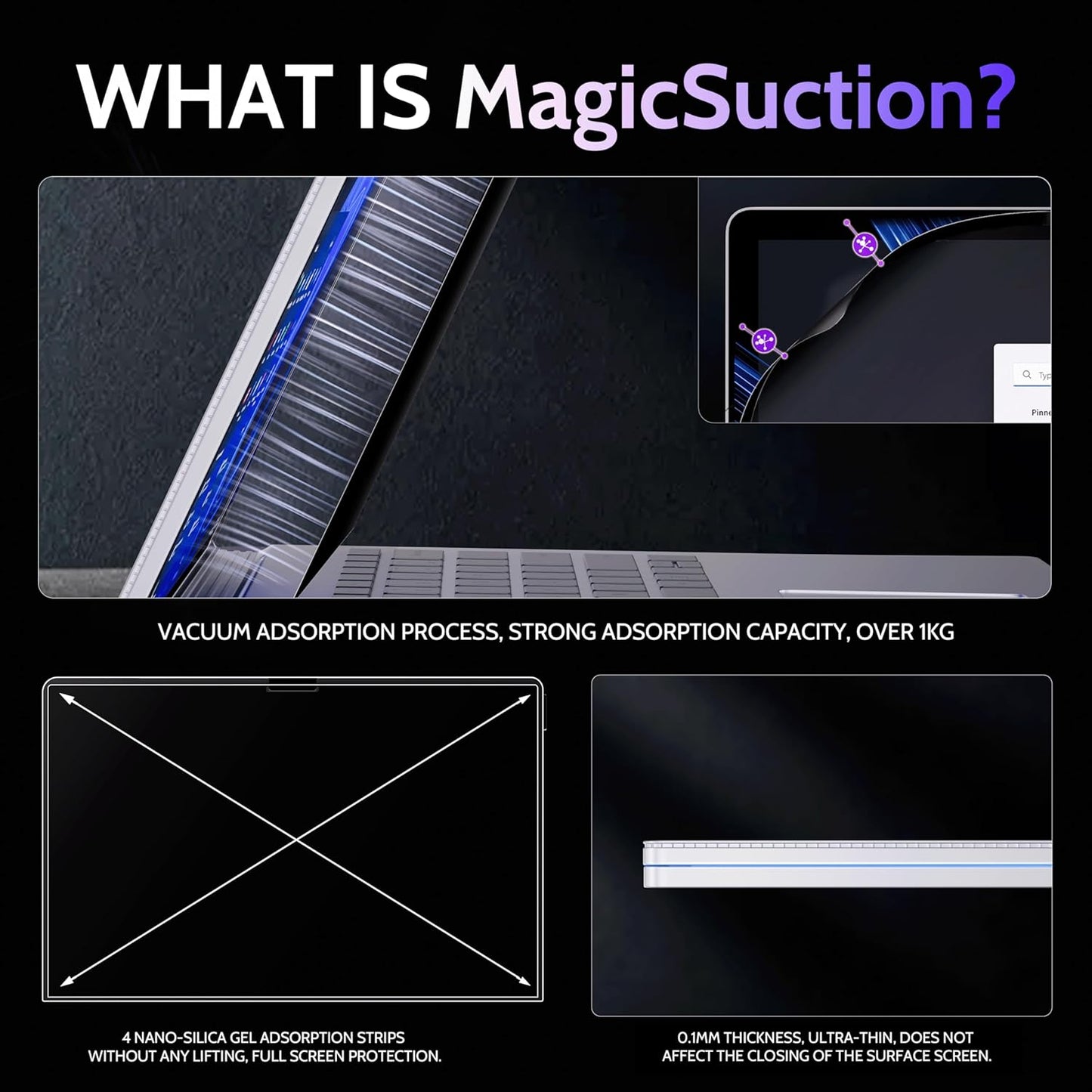 Privacy Screen for 13.5 Inch Surface Book 3/2/1, MagicSuction™ Removable Anti Spy Black Protector, Glare Blue Light Filter for Microsoft Laptop Computer Monitor