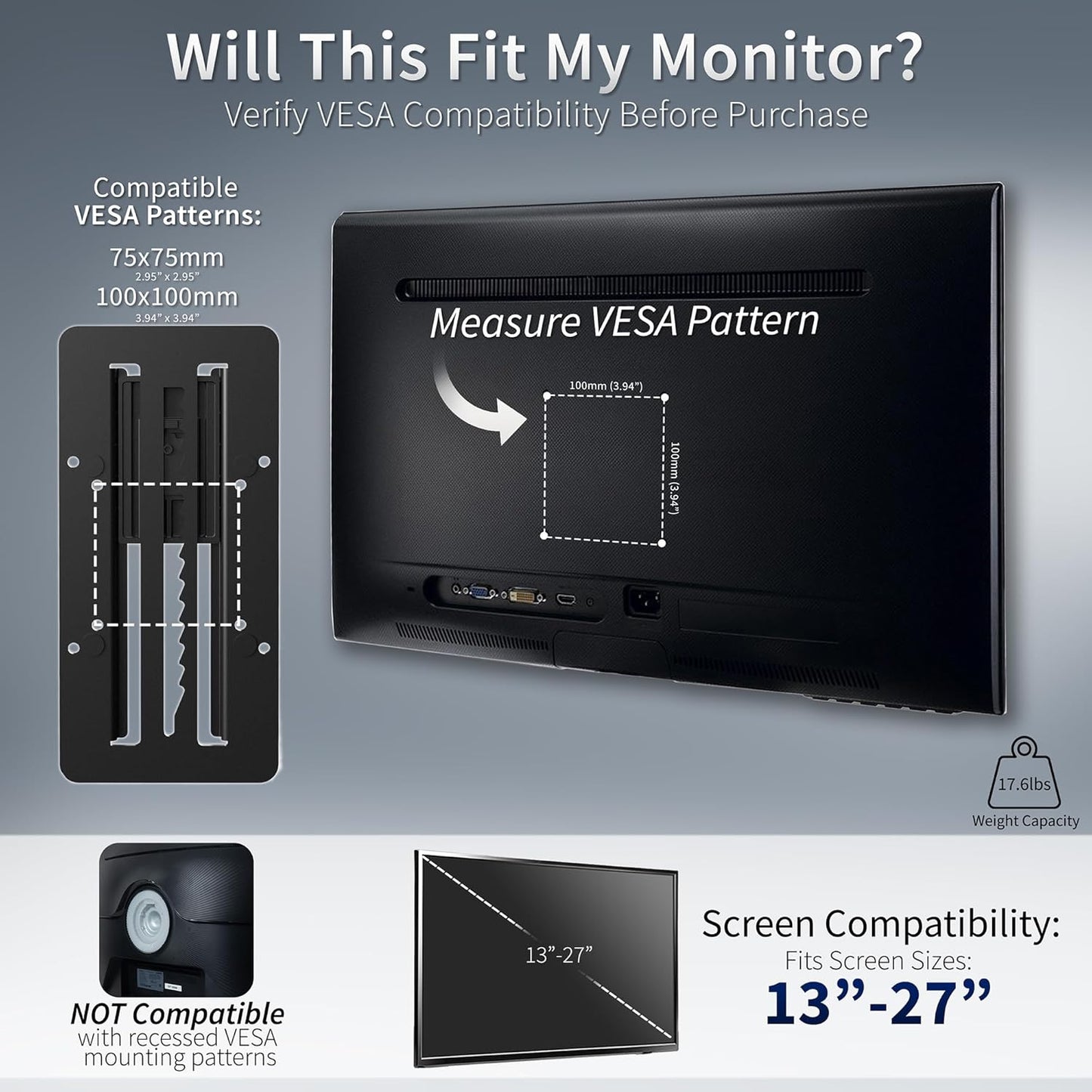 VIVO Height Adjustable VESA Adapter Stand for Individual Monitors up to 27 Inches Black