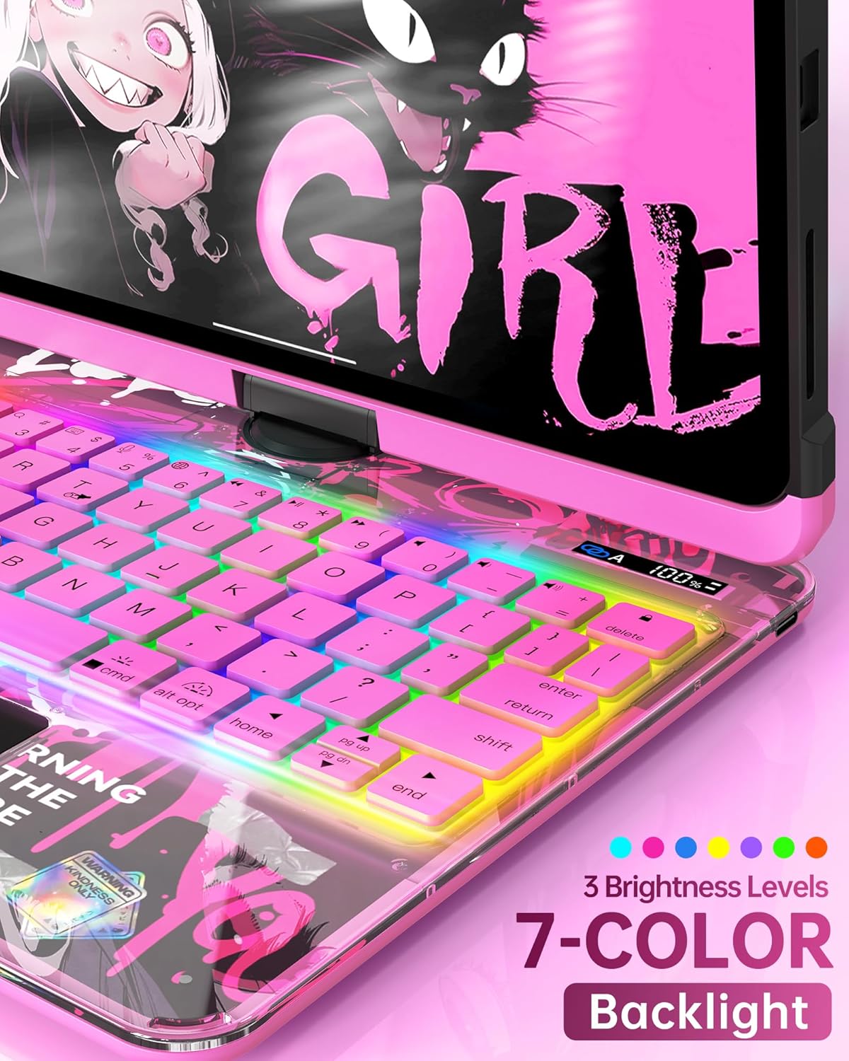 Intermerge for iPad 9th 10.2 inch Keyboard Case, 360° Transparent Multi-Touch Trackpad, 7-Color Backlit Keyboard, Pencil Holder, Type-C, Power Indicator for 9th/ 8th/ 7th - Blush Pulse