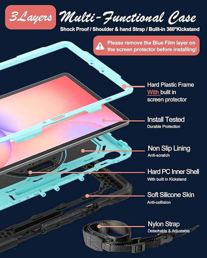 Case for Samsung Galaxy Tab S10 Lite/ S10 FE/ S9 FE 5G/ S9 Tablet Case 10.9"/11", Shockproof Protective Cover with Screen Protector, Pen Holder, 360° Rotating Stand and Hand Strap, SkyBlue