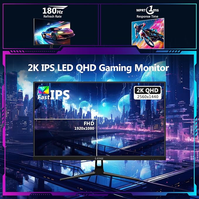 Z-Edge 27-inch Gaming Monitor QHD 2560 x 1440 2K, 180Hz Refresh Rate, 1ms MPRT, UG27QF Fast IPS Computer Monitor with Crosshair, HDMI 2.0x2, DP 1.4x2