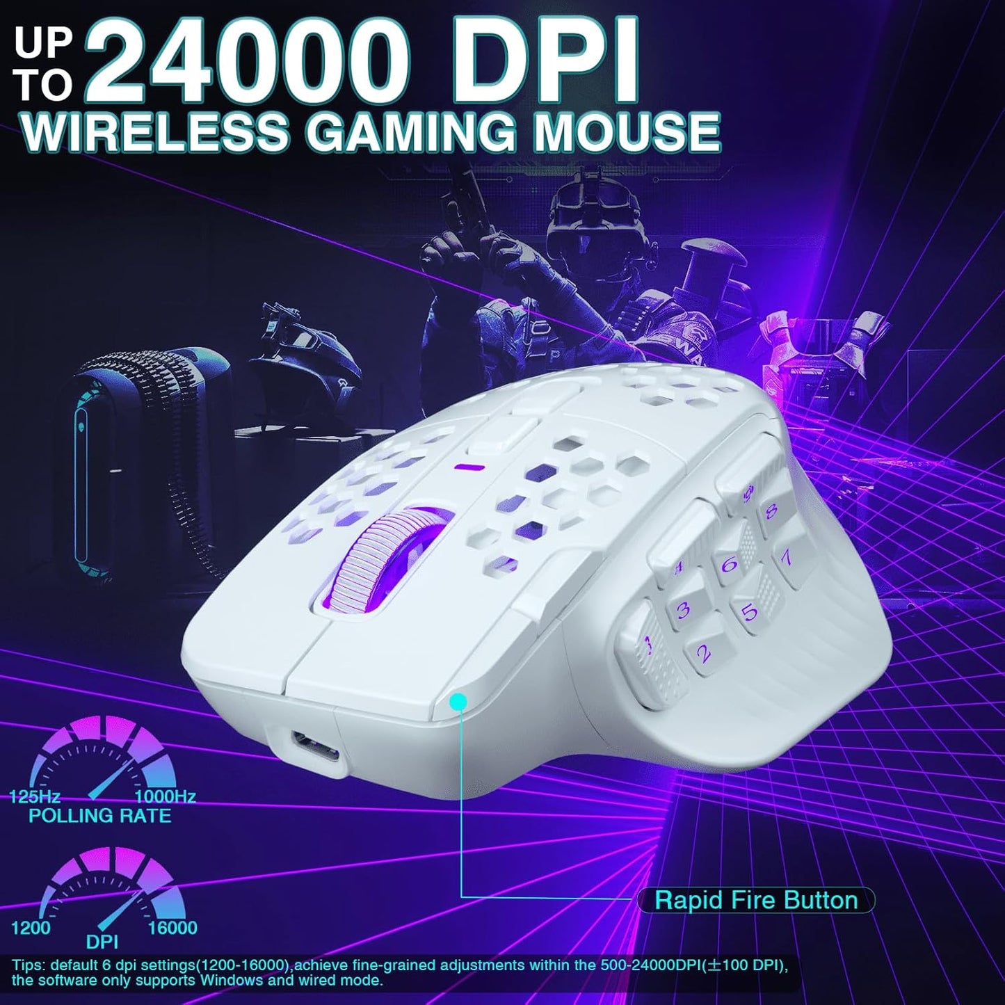 SM809 Pro Wireless MMO Gaming Mouse with 9 Side Buttons,24000 DPI,Triple Connectivity (2.4G/BT/Wired) RGB MMO Mouse for Gamer,16 Programmable Macros,Up to 350H Battery Life,White