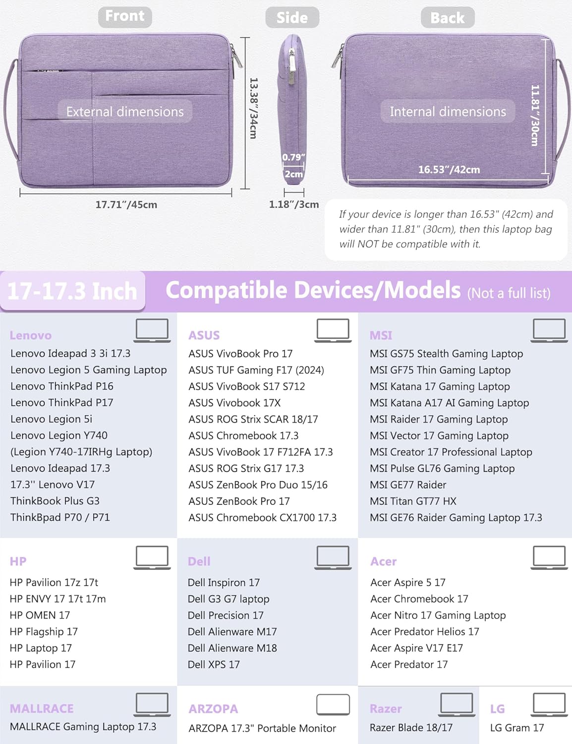 HYZUO 17-17.3 Inch Laptop Sleeve Bag Briefcase for 17" 17.3" HP/Dell/Lenovo/ASUS/LG/MSI Gaming Laptop/Razer Blade 17/18, Men Women NoteBook Protective Case Bag, Lilac Purple
