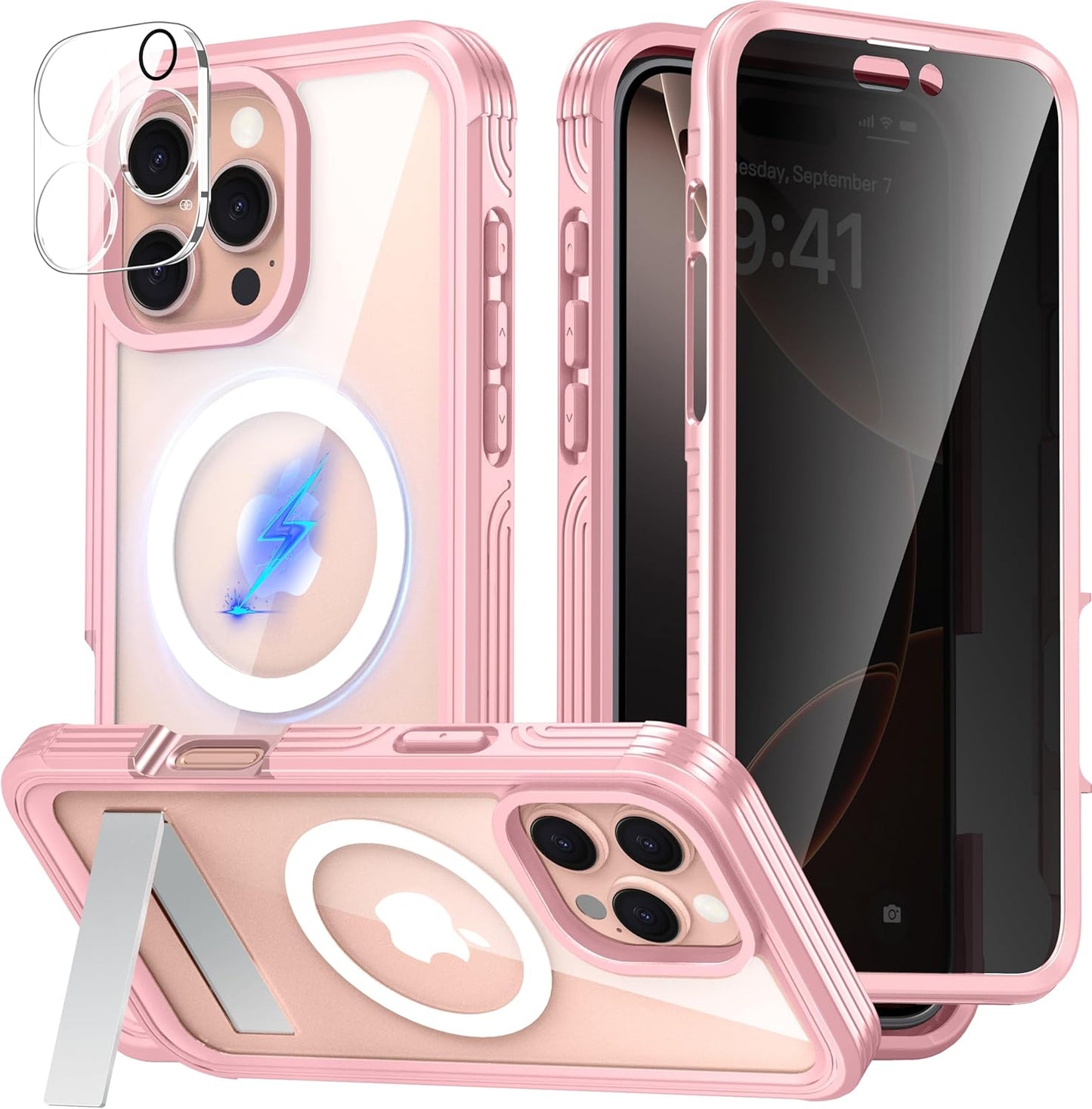 Magnetic & Stand for iPhone 16 Pro Max Case Built-in Privacy Screen Protector[360° Full Body Protection][Fit for Magsafe][Lens Protector] Heavy Duty Shockproof Case for iPhone 16 Pro Max Pink
