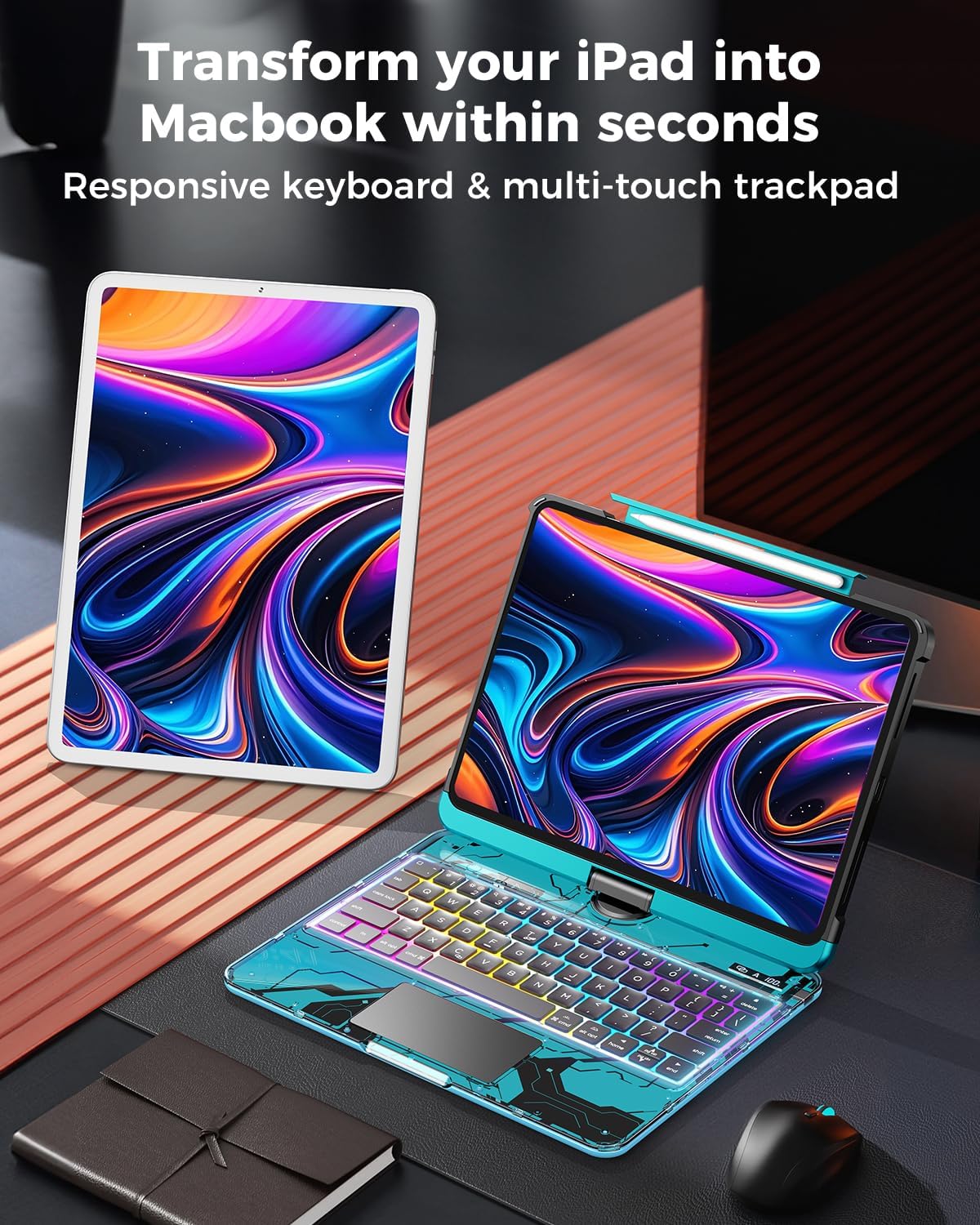 SIBEITU Keyboard Case for iPad Pro 13 Inch (M5 2025 / M4 2024), 360 Rotatable iPad Pro 13 Clear Cover with Multi-Touch Trackpad, 7-Color Backlight & 3 Brightness, High-Tech Visible PCB Design, Blue