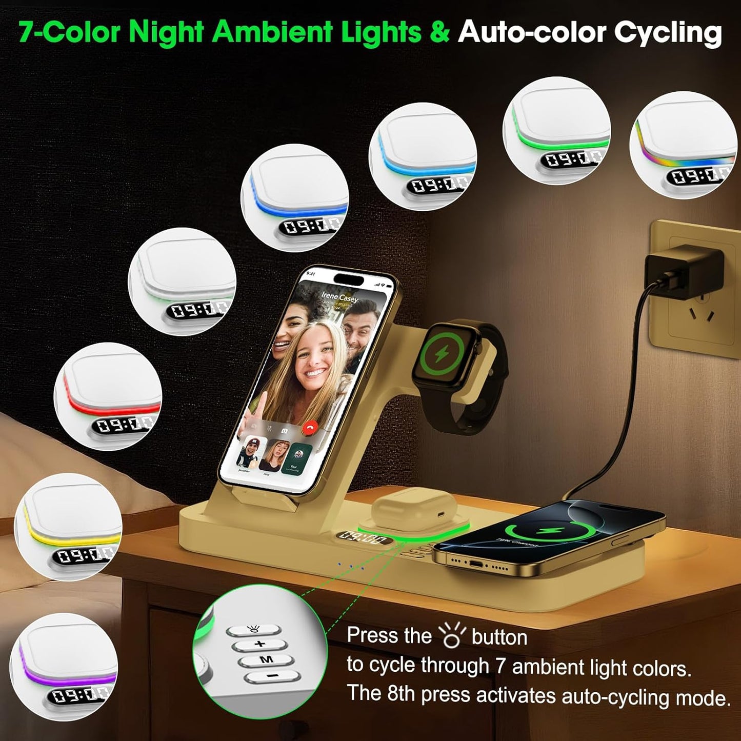 Dual Phone Wireless Charging Station for Apple Devices, Magnetic Charging Station for iPhone with Auto Switch 7-Color Light&Clock, Family Watch Charger for iPhone17 for iWatch10 for AirPods Pro3(White