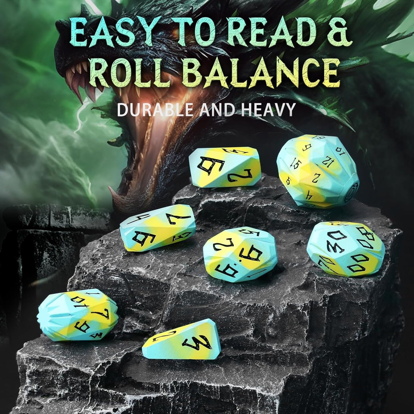 Metal DND Dice Set, Dungeons and Dragons DND Dice of 7 RPG Dice Set Metal Unique Cool Polyhedral D and D Dice with Cardboard Box for Role Playing Games TTRPG Gifts (Blue Yellow)
