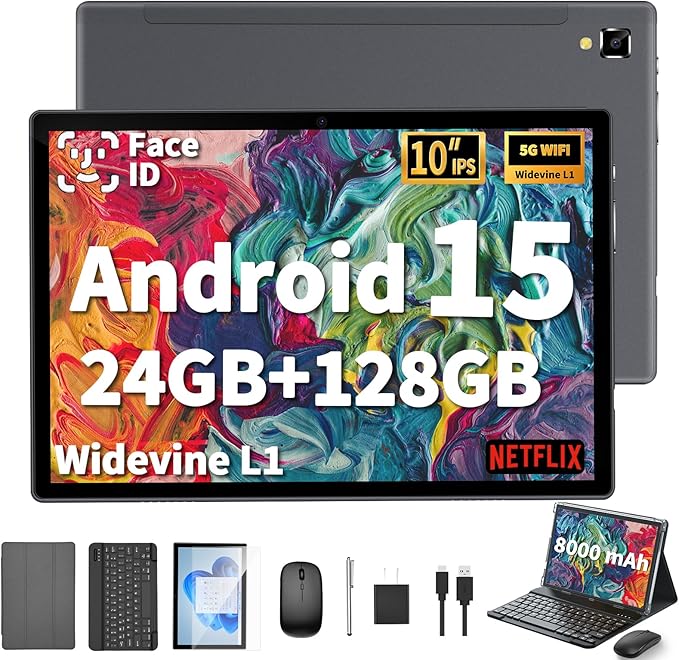 YOBANSE 2025 Tablet with Keyboard, 24GB RAM, 128GB ROM(2TB Expand), 10.1 inch Android 15 Tablet, 8000mAh Battery, BT 5.0, GMS Certified, 5G/2.4G WiFi, Tablets with Mouse, Case, Stylus-Silver Case