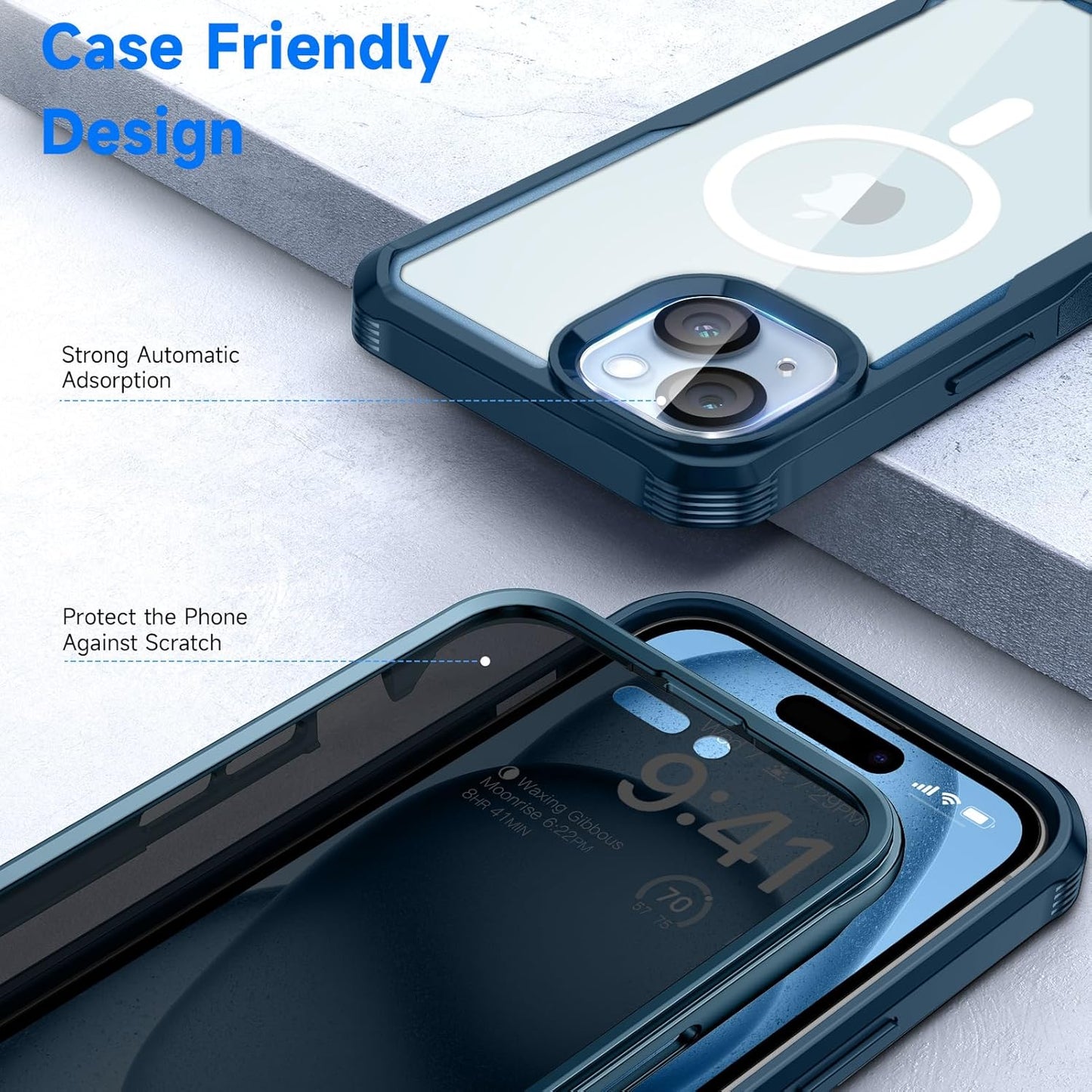 seacosmo for iPhone 15 Plus Case, Full Body Bumper with Built-in 9H Tempered Glass Privacy Screen Protector and Camera Lens Protector, Compatible with MagSafe, Shockproof Phone Cover, 6.7", Blue