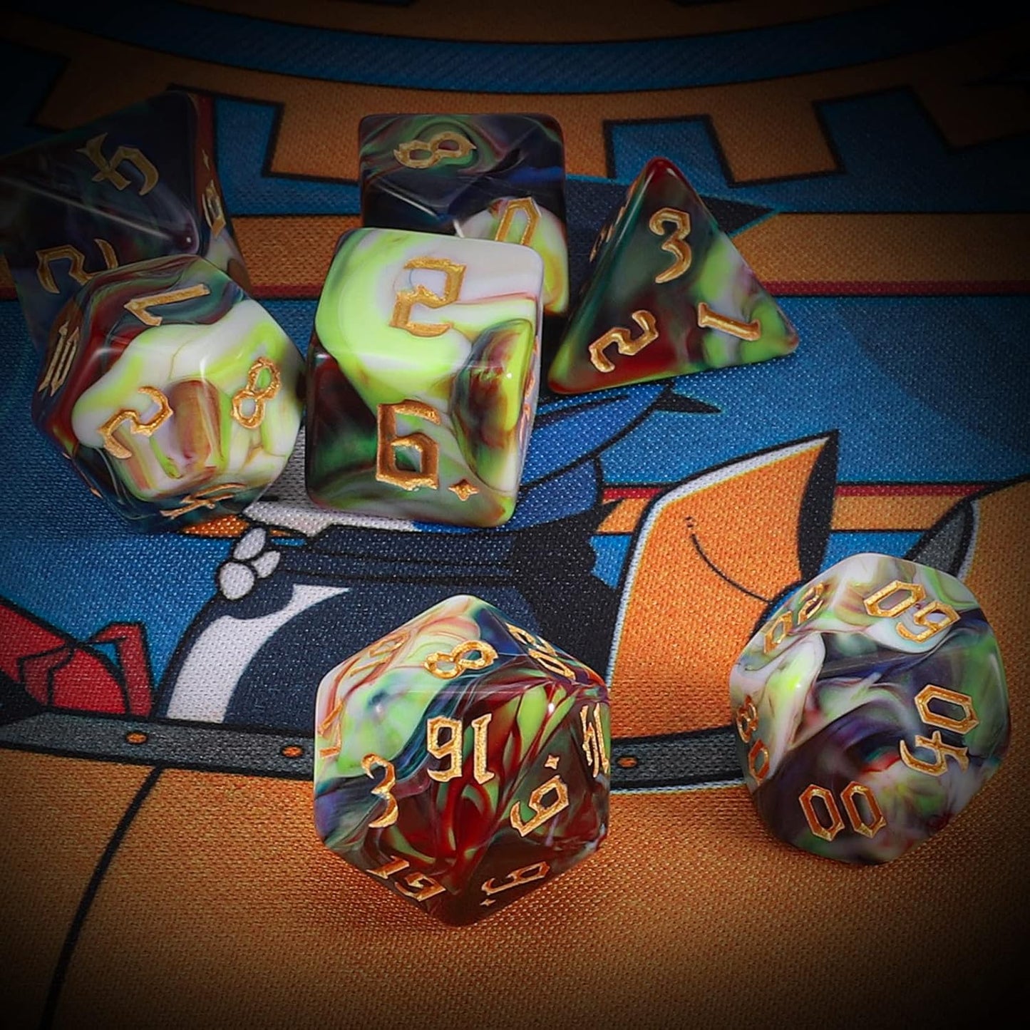 QMAY DND Dice Set - Polyhedral Dice (Blue Mix Blood red) 7 Pcs for Dungeon and Dragons D&D RPG Role Playing Games Dice with Dice Bag