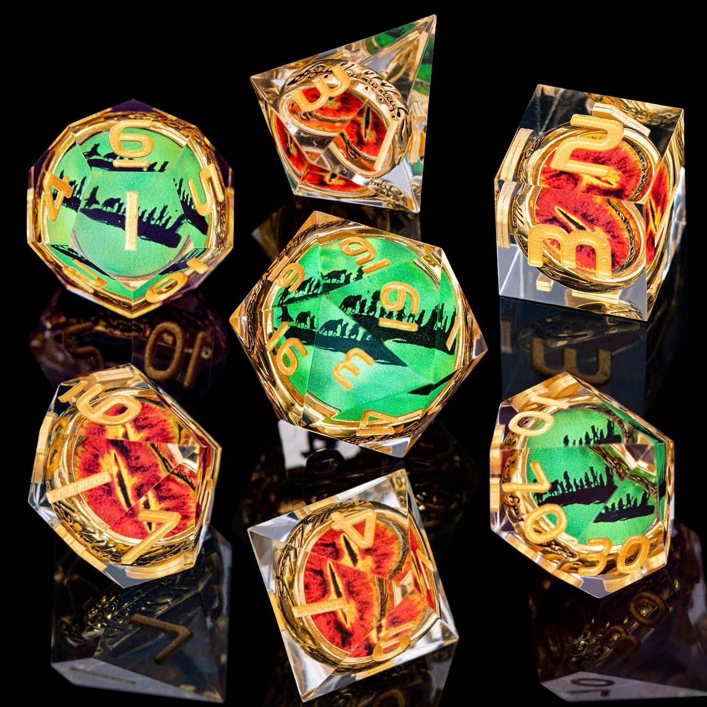 Magic Golden Ring DND Dice Set Sharp Edge Red Gaze Eye Resin Dice with Box, for use with RPG D&D Tabletop Games Lord D and D Polyhedral Dice Set