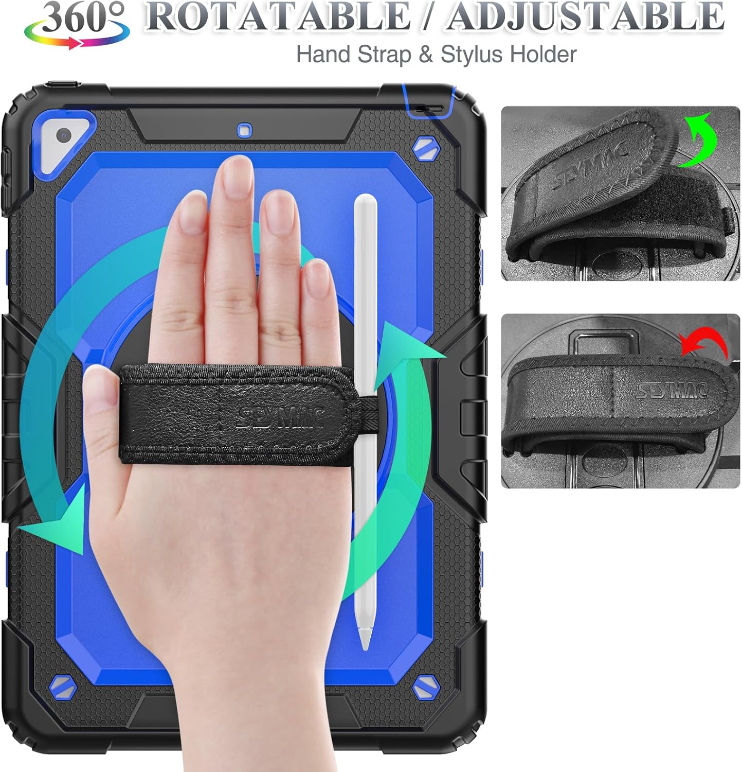 SEYMAC stock Case for iPad Air 3 2019 / Pro 10.5'' with Screen Protector Pen Holder [360° Rotate Hand Strap/Stand], Drop-Proof Case (Blue+Black)
