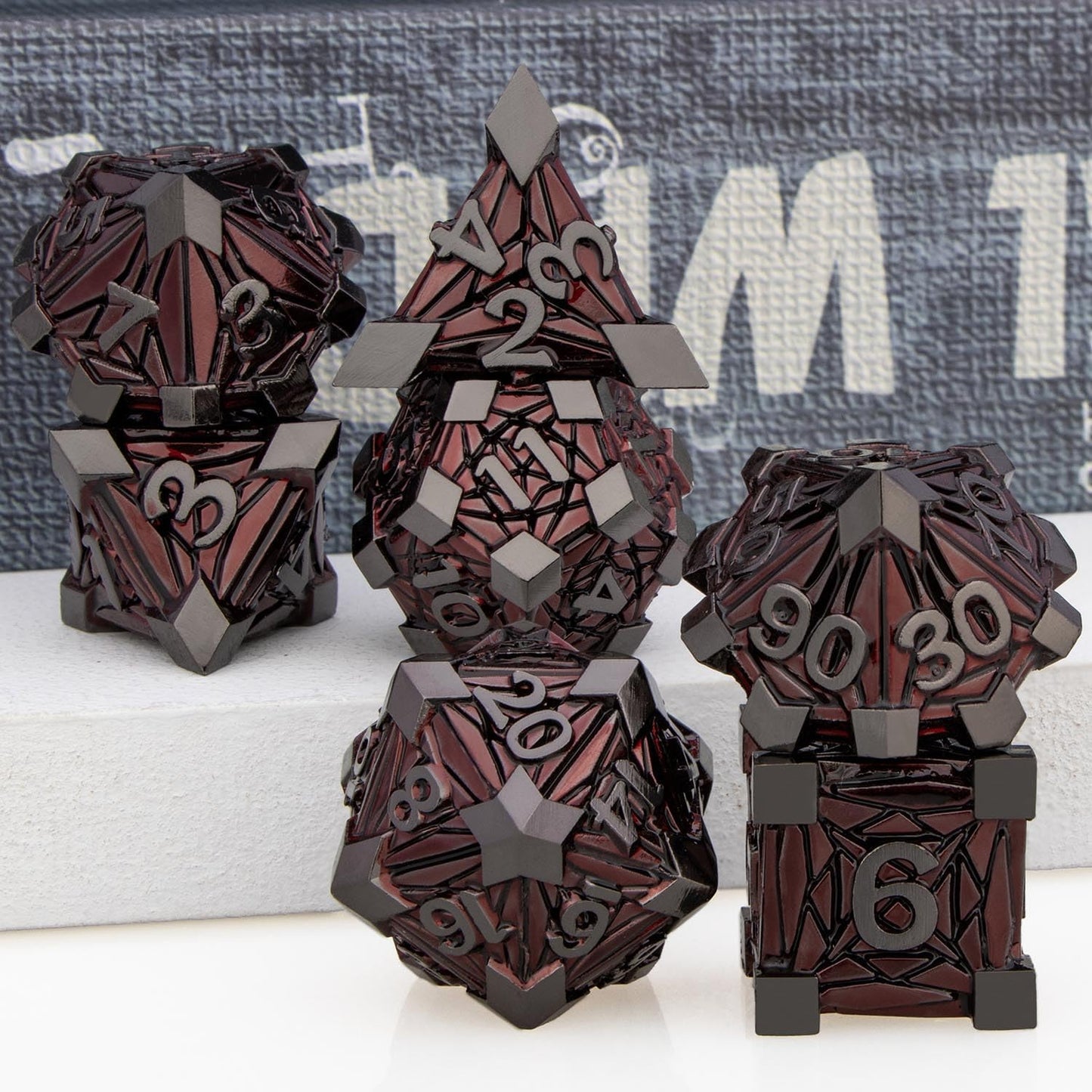 7PCS Metal DND Dice Set with Box, Debris RPG Red D and D Dice for use with D&D Tabletop Games Role Playing Game Polyhedral Dice Set D20 D12 D10 D8 D6 D4