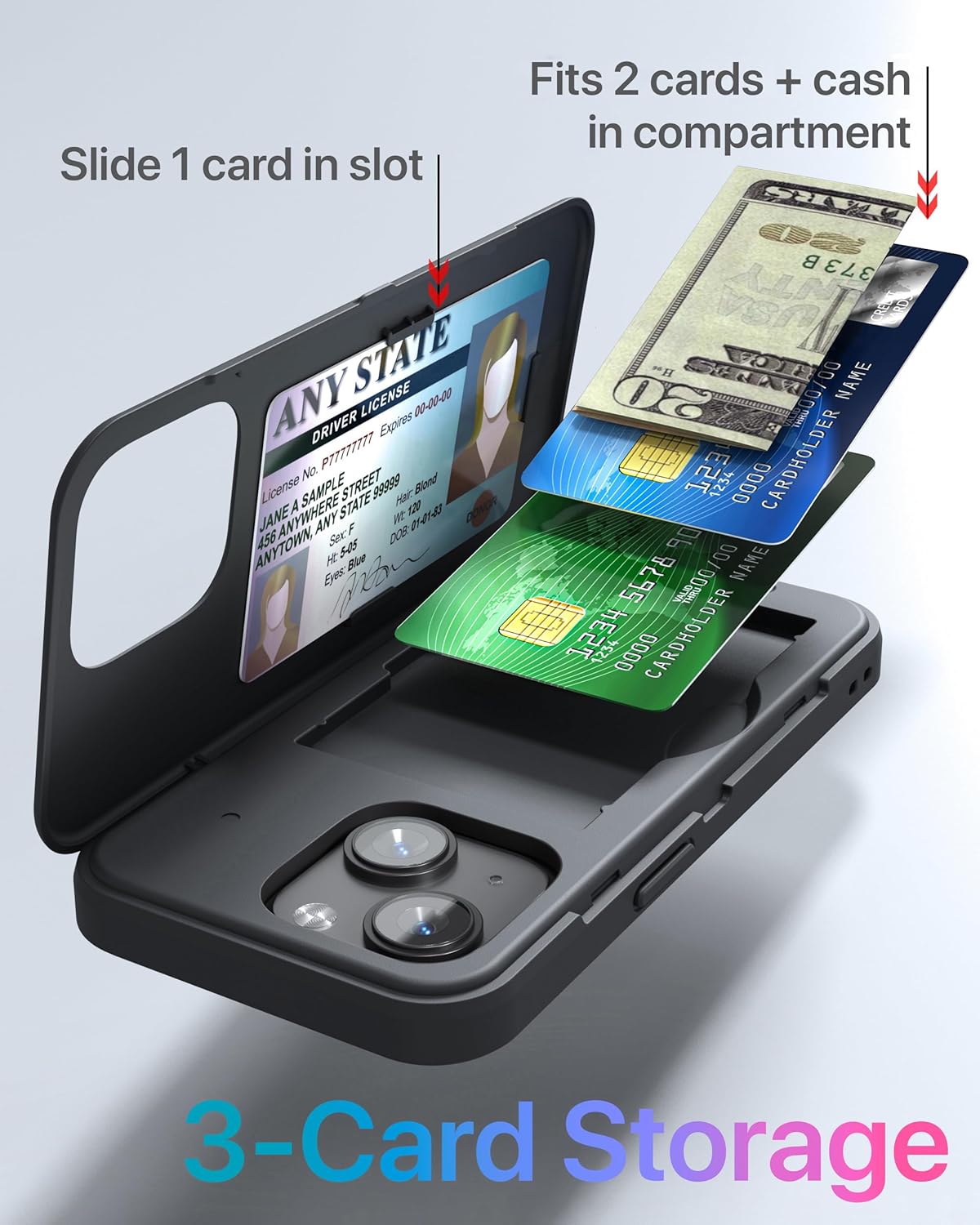 TORU CX Slim for iPhone 15 Case Wallet | Protective Shockproof Heavy Duty Cover with Hidden Card Holder & Card Slot | Mirror & Wrist Strap Included - Black