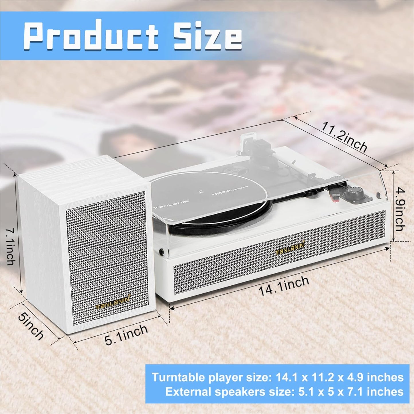 Vinyl Record Player with External Speakers, 3 Speed Vintage Belt Drive Turntable Record Player with Stereo Speakers RCA Audio Out and Aux-in, White Wood