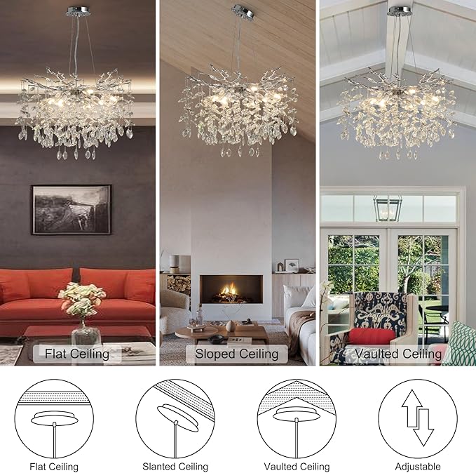 Modern Crystal Chandelier, 23.6" Silver Tree Branch Chandelier, 8-Lights Round Contemporary Luxury Raindrop K9 Crystal Pendant Light Fixture for Dining Room Living Room Foyer Entryway Bedroom Kitchen