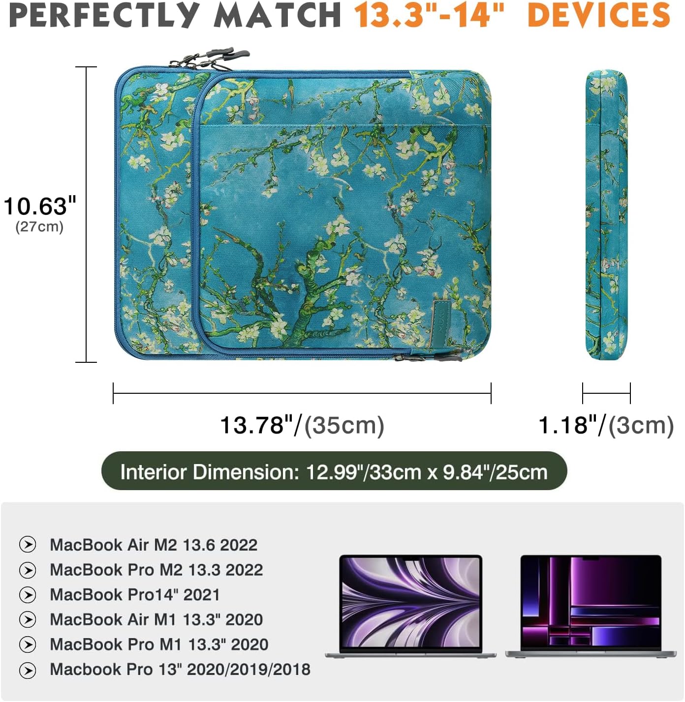 MoKo Laptop Sleeve Bag for 13.3-14 Inch, Notebook Carrying Case with Pocket Fits New MacBook Pro M3/M2 14" /13" M2/M1 Pro/M1 Max 14.2 2023-2021/Air 13.6" M2 2022, Surface Pro 9/8 13", Apricot Flower