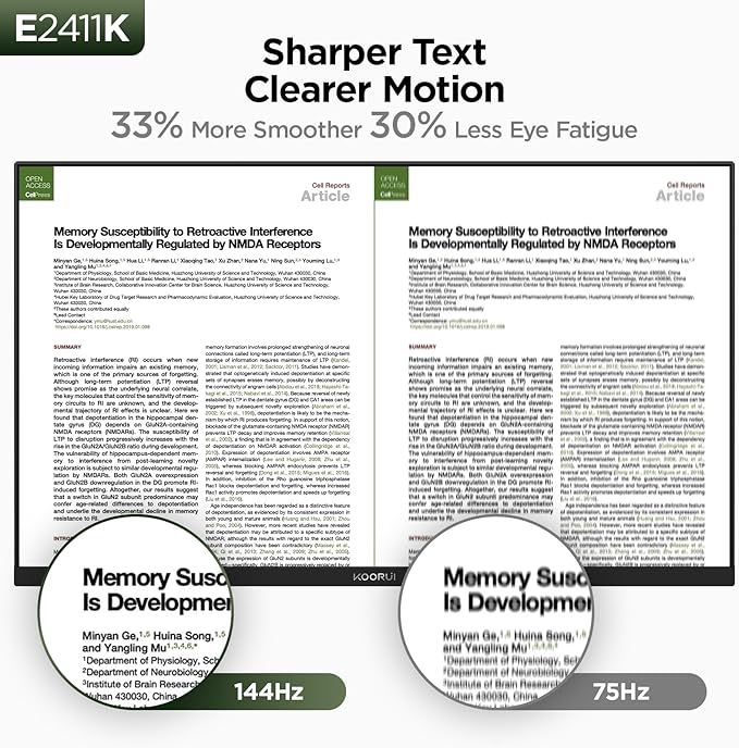 KOORUI 24 Inch 144Hz IPS Computer Monitor Full HD 1920 x 1080p Ultra-Slim Display with HDMI VGA, Adaptive Sync, 99% SRGB, VESA 100x100mm, Eye Care, Tilt, Black, E2411K