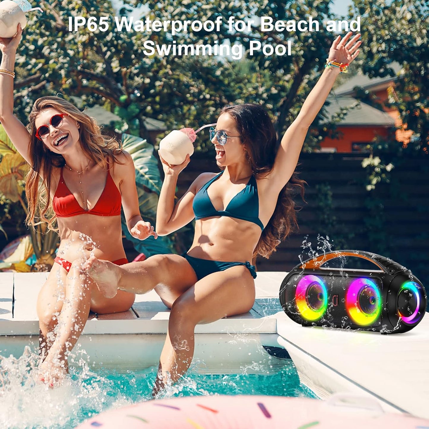 Portable Bluetooth Speaker, Loud Boombox Speaker with Subwoofer, Powerful Deep Bass Stereo Sound, IP65 Waterproof, Wireless Outdoor Speaker for Camping, Beach, Party, Support TWS/USB/TF Card/AUX