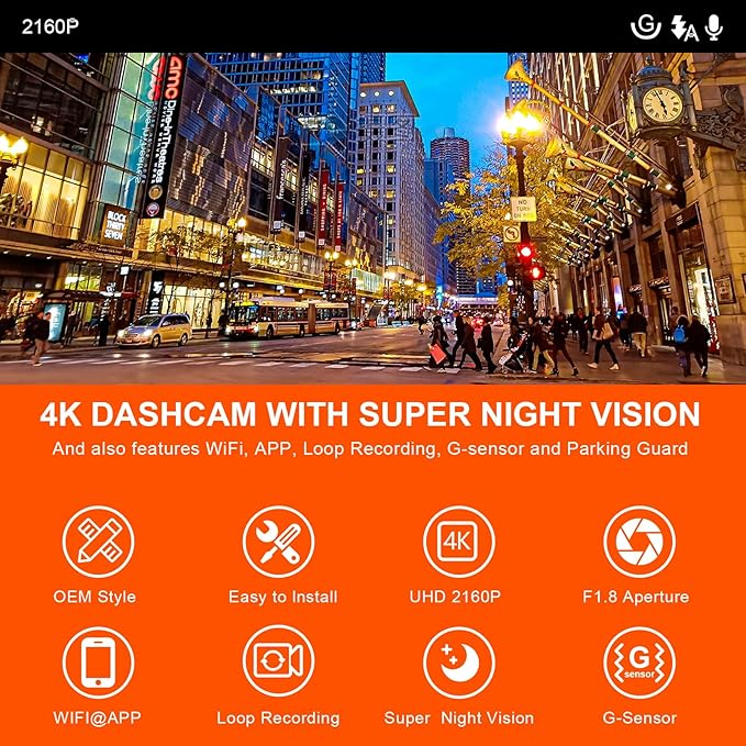 4K Dash Cam Custom fit for GMC Yukon, Yukon XL 2021-2022 (Model B), SLE SLT AT4 Denali, Integrated OEM Look, UHD 2160P Video, WiFi & App, G-Sensor, Loop Recording, Easy to Install, 64GB Card