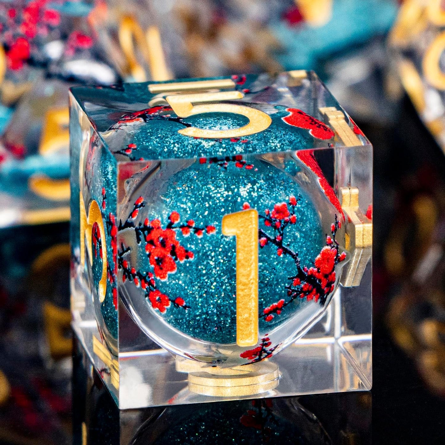 Plum Blossom DND Dice Blue Liquid Core Dice Set with Metal Box, Handmade Sharp Edge Dice D and D Polyhedral Dice for use with D&D RPG Role Playing Game ﻿