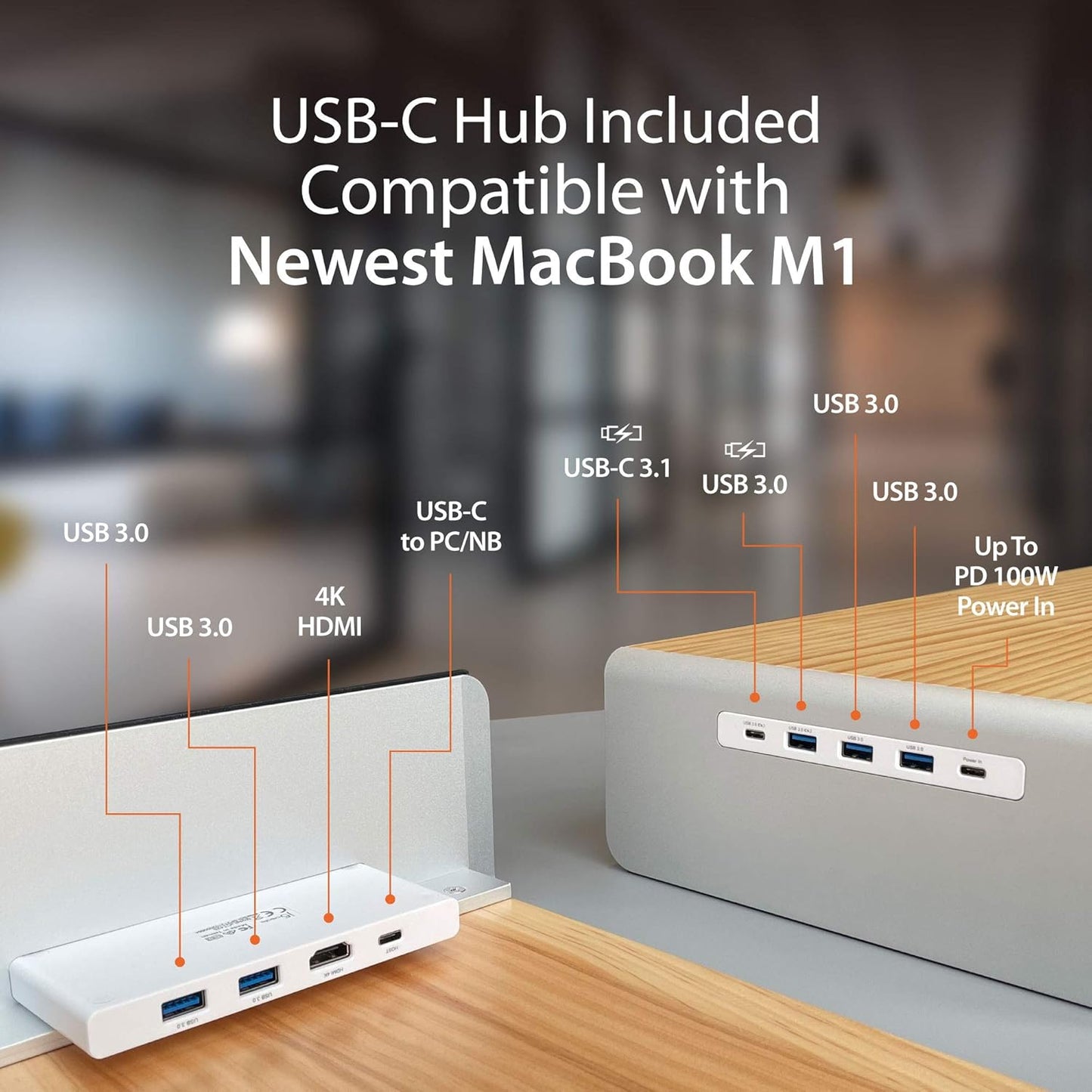 j5create Wooden Monitor Stand with USB Type C/HDMI Docking Station - USB 3.1 C to C Cable Included - Handmade Wood Panel with Aluminum Riser for Computer Screens, Laptops, TV