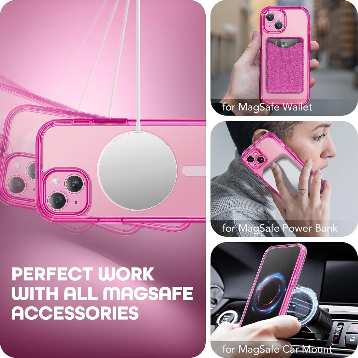 Magnetic for iPhone 15 Case, Compatible with MagSafe, Built-in Privacy Screen Protector and Camera Protection, Anti Spy Full Body Dustproof Shockproof Hard Phone Case 6.1", Fluorescent Pink
