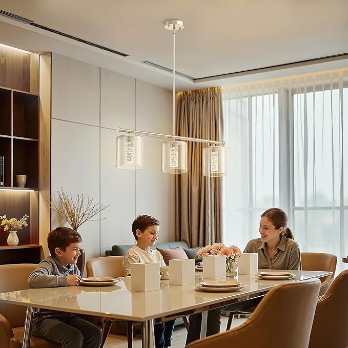 DORESshop 3-Light Chandelier for Dining Room Light Fixture Over Table, 31.3" Modern Brushed Nickel Chandelier with Glass Shades, Adjustable Hanging Pendant Lights Kitchen Island with Remote, 3CCT
