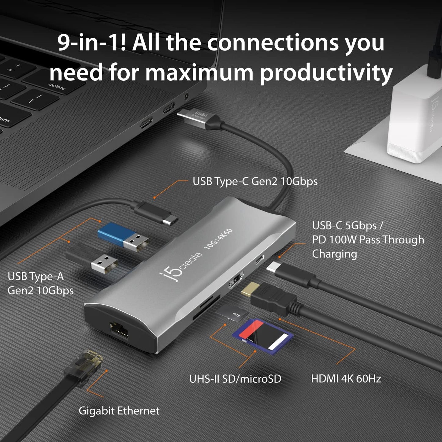 j5create Laptop Docking Station, 9-in-1, 4K60Hz HDMI, USB-C 10Gbps, 2 USB-A 10Gbps, 100W PD with USB-C 5Gbps, Ethernet, SD 4.0 Card Reader, for MacBook, XPS, Surface Pro (JCD393)