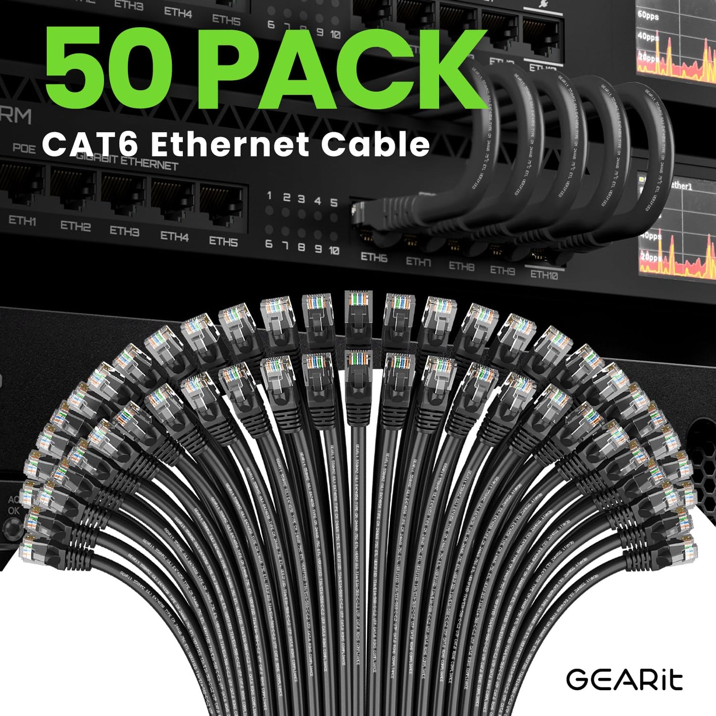 GearIT Cat 6 Ethernet Cable Pack - 50-Pack 1 ft Cat6 Ethernet Patch Cables | RJ45 Network Patch Cable, 10 Gbps Snagless Gold-Plated Connectors - Ethernet Cable Cat 6 for PC, TV, Router - Black