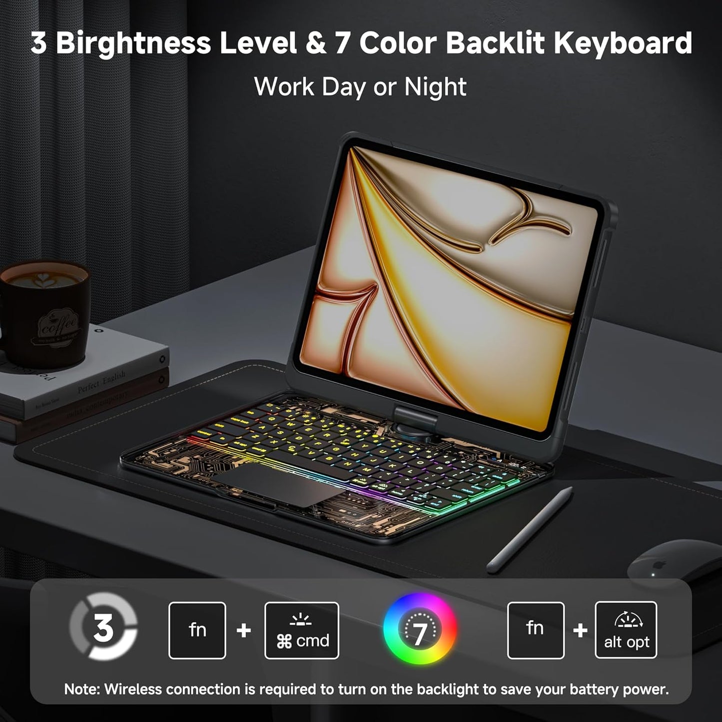 iPad Keyboard Case for 2024 M4 iPad Pro 13 inch, Magic Wireless Keyboard with Trackpad 7 Color Backlit, 360° Rotating Stand Transparent Protective Cover with Pencil Holder (Black)