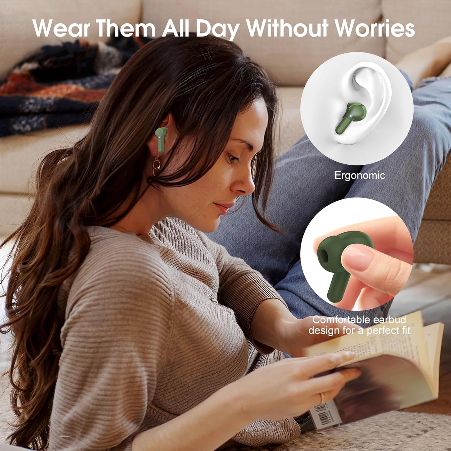 Wireless Earbuds, Bluetooth 5.4 Headphones HiFi Stereo, Bluetooth Earbuds with ENC Noise Cancelling Mic, IP7 Waterproof in Ear Earphones, 48H, LED Display Ear buds for Pad Workout Sports, Retro Green