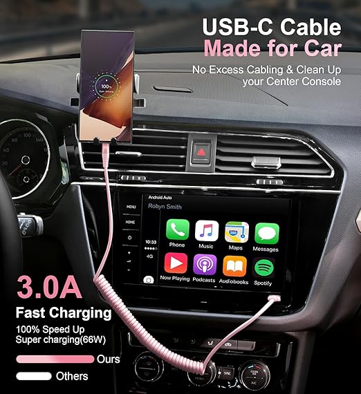 USB C Cable Fast Charging Cable [3FT+6FT], Coiled USBA to USBC Cable for Car, USB C Cord iPhone USB-C Cable Compatible with iPhone 17 16 15 Pro Max,Samsung Galaxy S10 S9 and More-Pink